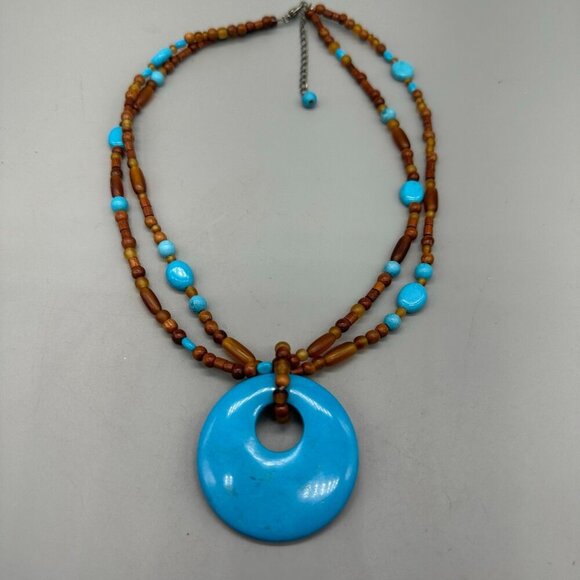 3/$30 Stone Pendant Necklace Blue Brown Beaded Natural Earthy Boho 20 in - Picture 8 of 13